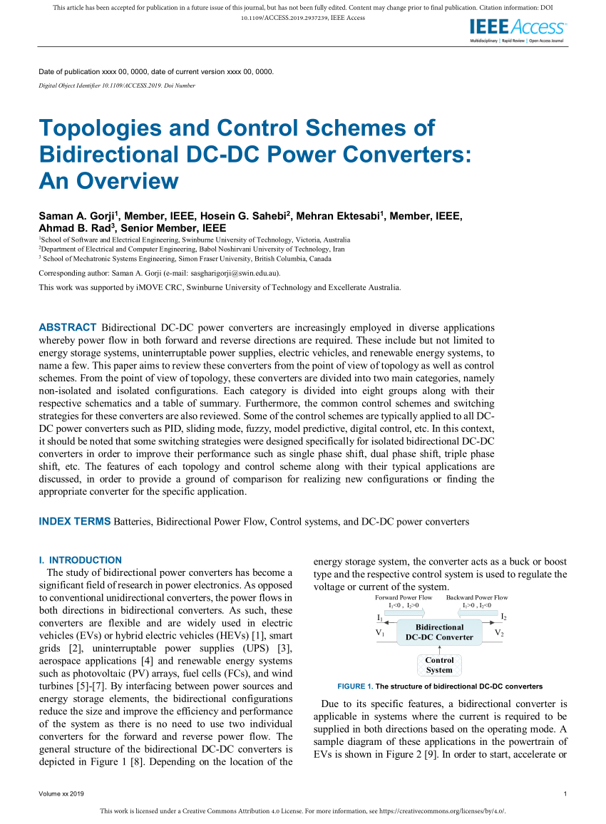 PDF) Topologies and Control Schemes of Bidirectional DC-DC Power Converters:  An Overview