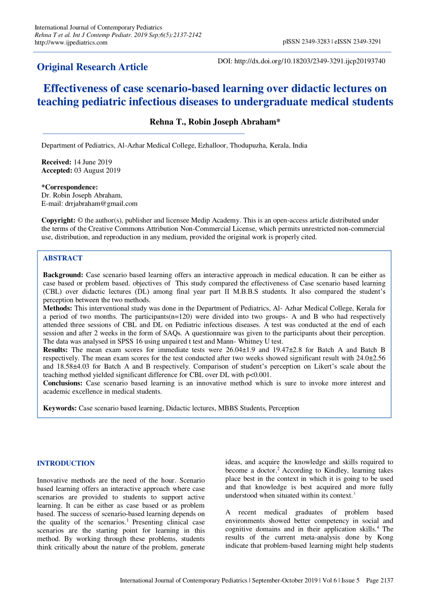 Pdf Effectiveness Of Case Scenario-based Learning Over Didactic Lectures On Teaching Pediatric Infectious Diseases To Undergraduate Medical Students