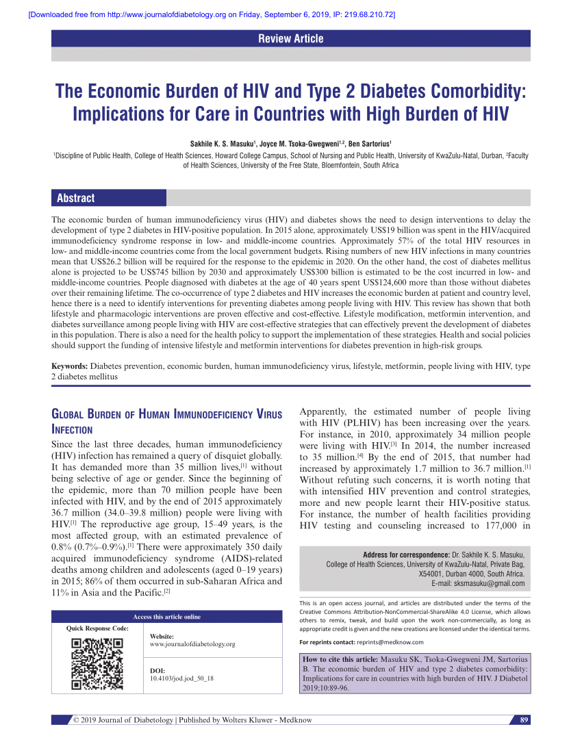 Pdf The Economic Burden Of Hiv And Type 2 Diabetes Comorbidity Implications For Care In Countries With High Burden Of Hiv