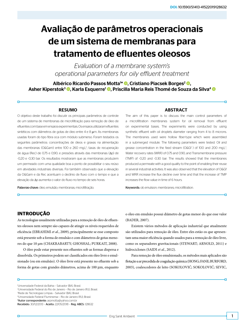 Pdf Avaliação De Parâmetros Operacionais De Um Sistema De Membranas Para Tratamento De 2991