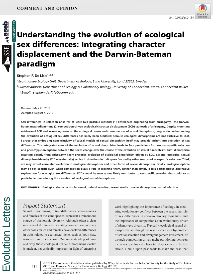 Pdf Understanding The Evolution Of Ecological Sex Differences Integrating Character 