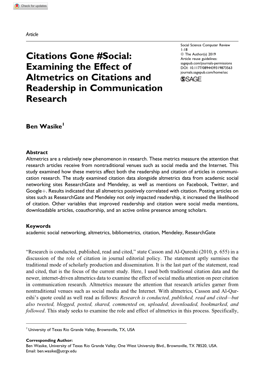 Pdf Citations Gone Social Examining The Effect Of Altmetrics On Citations And Readership In Communication Research