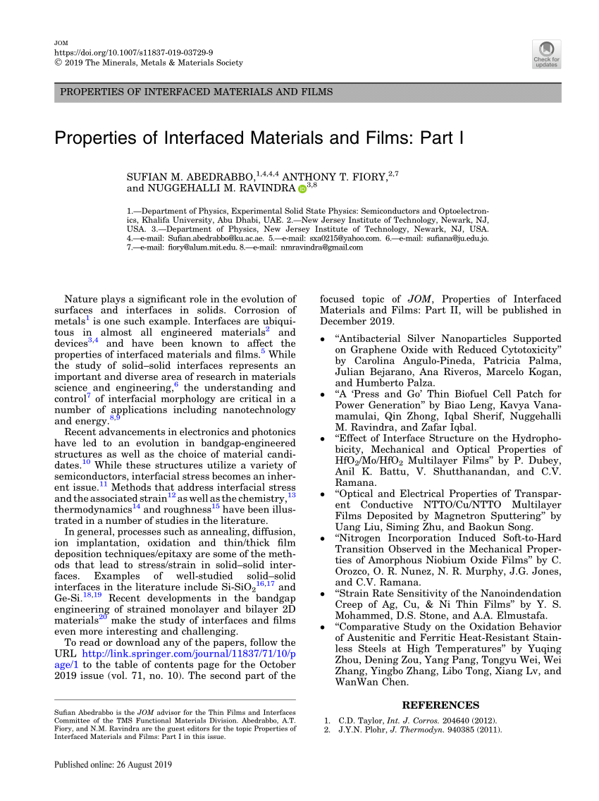Pdf Properties Of Interfaced Materials And Films Part I