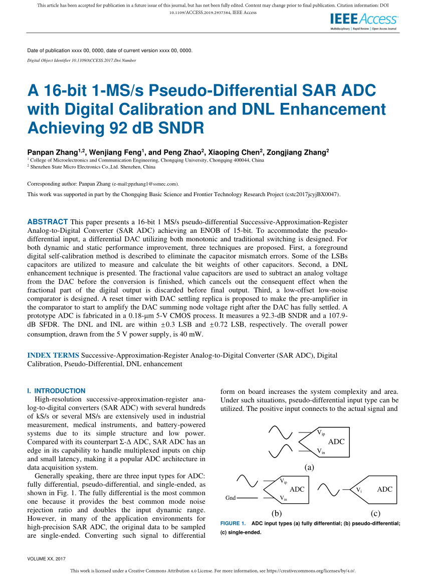 Pdf A 16 Bit 1 Ms S Pseudo Differential Sar Adc With Digital Calibration And Dnl Enhancement Achieving 92 Db Sndr