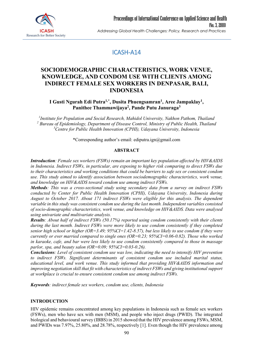 PDF) Sociodemographic Characteristics, Work Venue, Knowledge, and Condom  Use with Clients among Indirect Female Sex Workers in Denpasar, Bali,  Indonesia