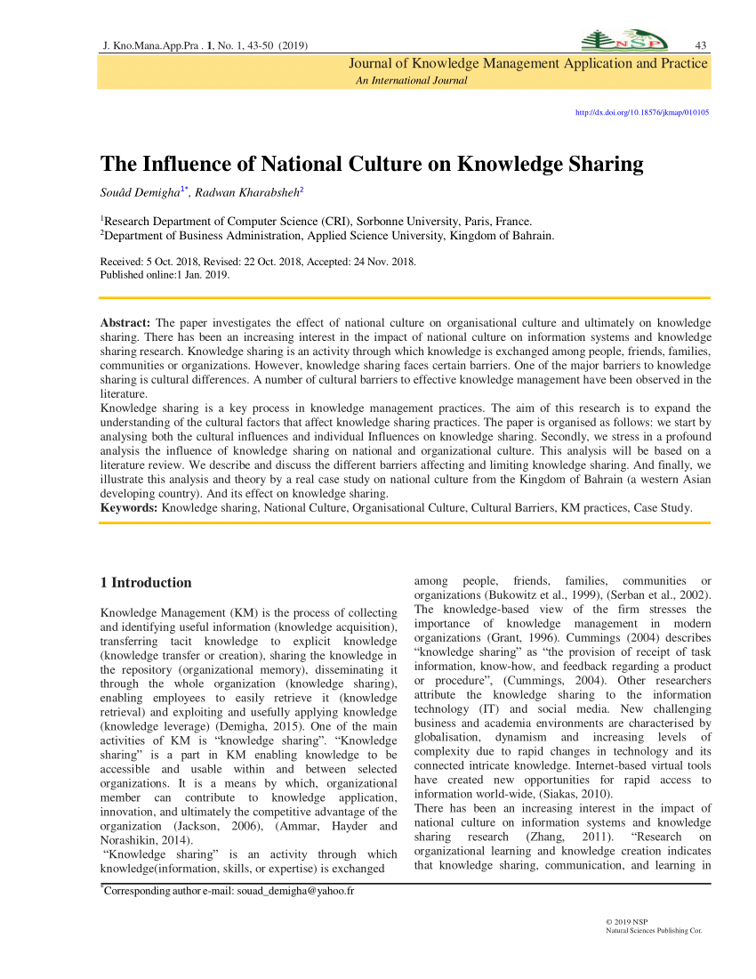 PDF) The influence of national culture on knowledge sharing