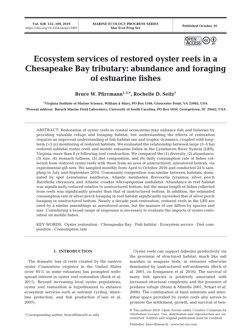 PDF) Ecosystem services of restored oyster reefs in a Chesapeake Bay  tributary: abundance and foraging of estuarine fishes