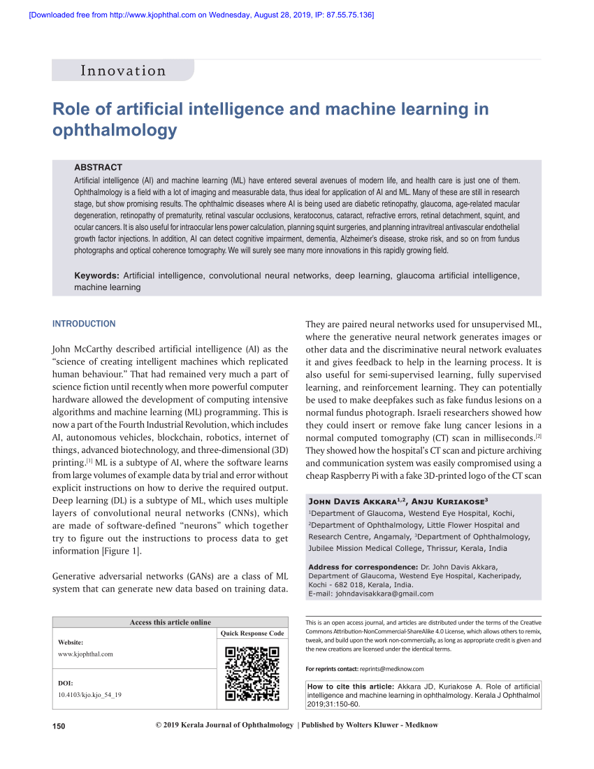 Pdf Role Of Artificial Intelligence And Machine Learning In Ophthalmology