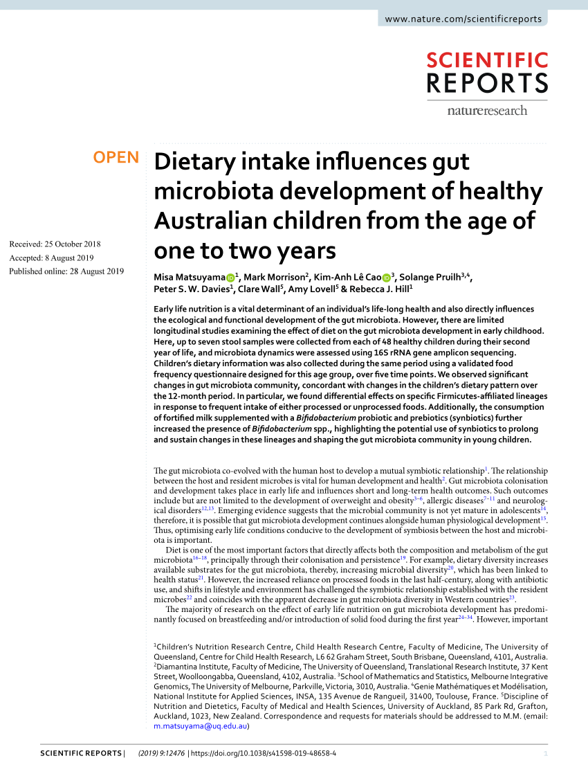 Pdf Dietary Intake Influences Gut Microbiota Development Of Healthy Australian Children From The Age Of One To Two Years