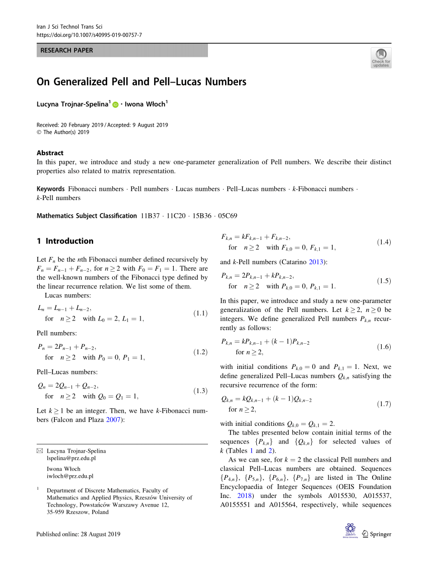 Pdf On Generalized Pell And Pell Lucas Numbers