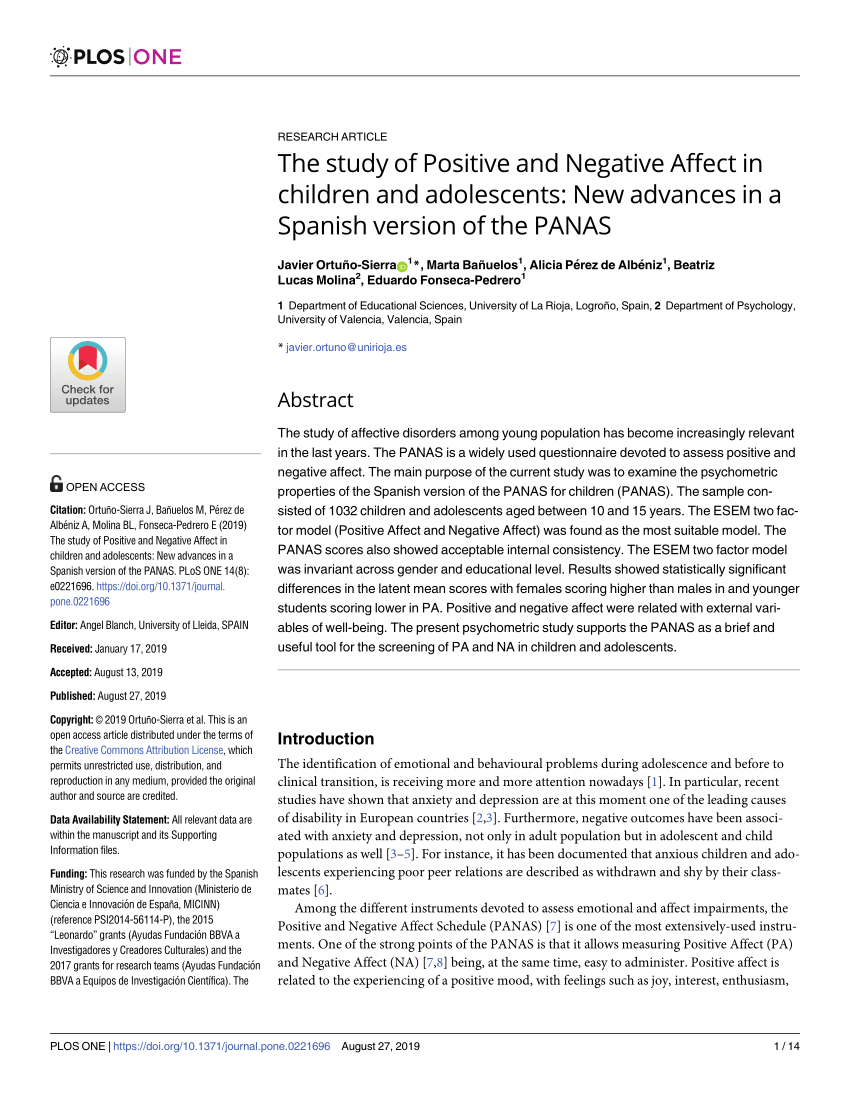 Pdf The Study Of Positive And Negative Affect In Children And Adolescents New Advances In A Spanish Version Of The Panas