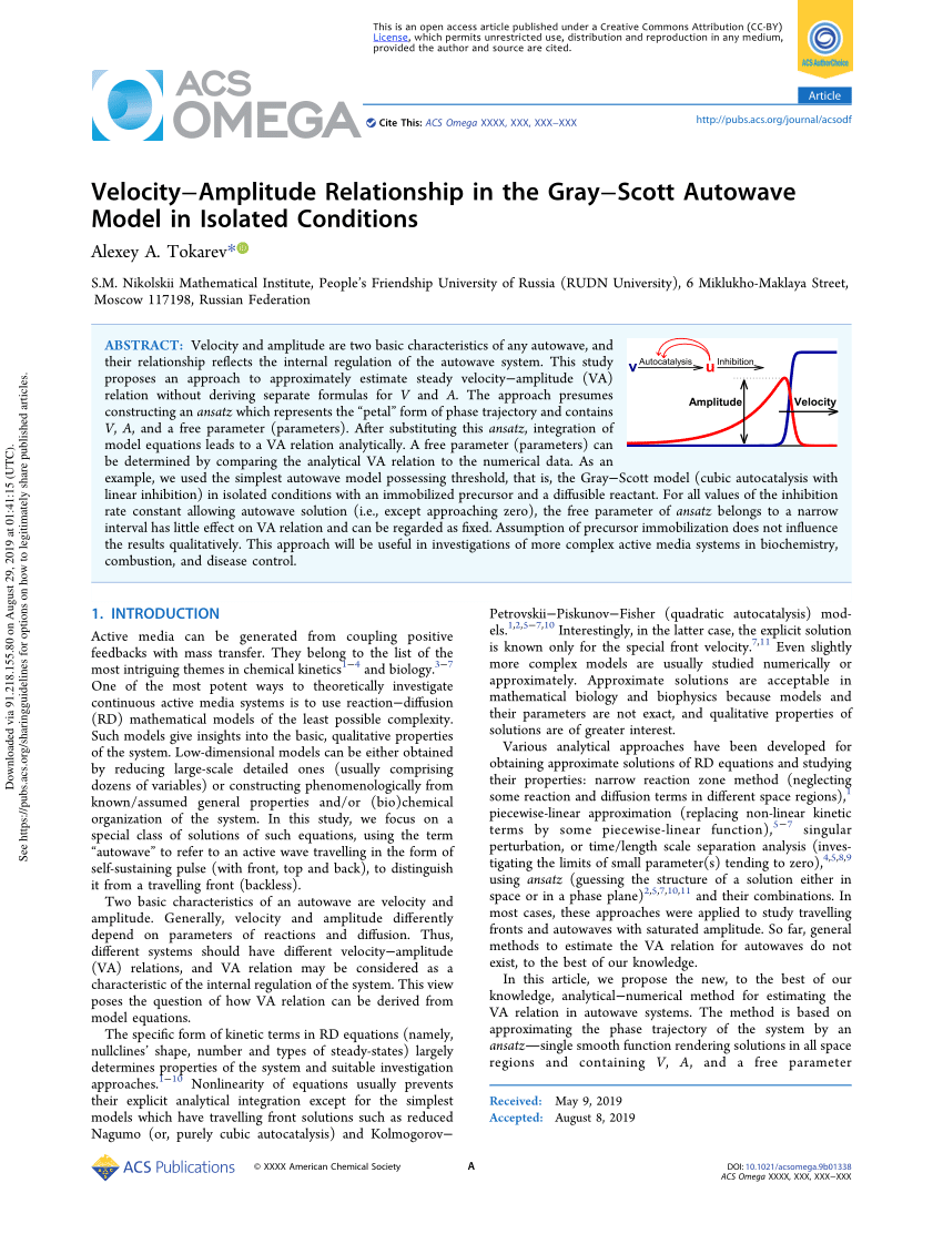 Pdf Velocity Amplitude Relationship In The Gray Scott Autowave Model In Isolated Conditions