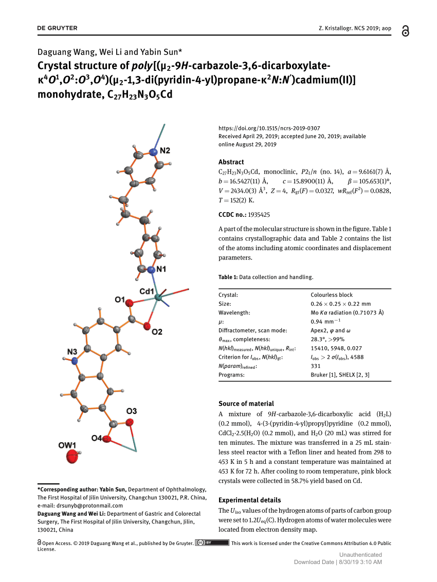 Pdf Crystal Structure Of Poly M2 9h Carbazole 3 6 Dicarboxylate K4o1 O2 O3 O4 M2 1 3 Di Pyridin 4 Yl Propane K2n N Cadmium Ii Monohydrate C27h23n3o5cd