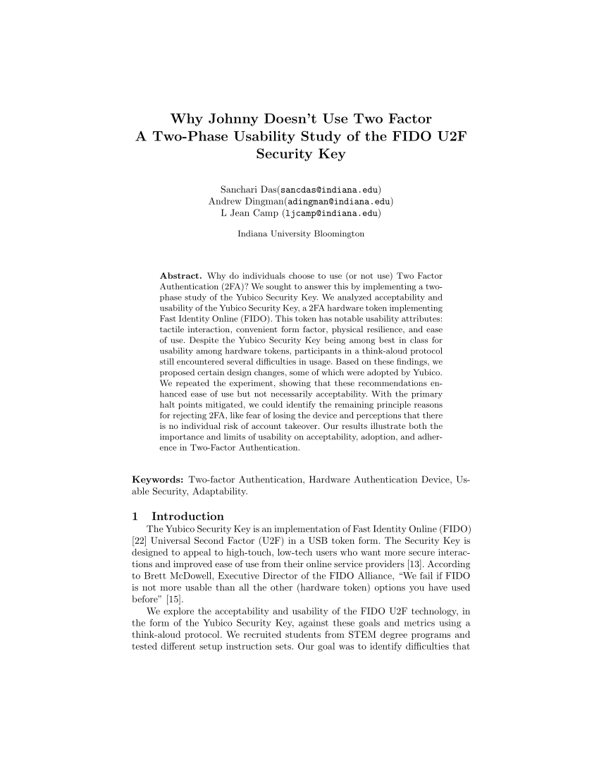 Pdf Why Johnny Doesn T Use Two Factor A Two Phase Usability Study Of The Fido U2f Security Key