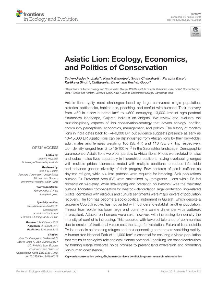 Pdf Asiatic Lion Ecology Economics And Politics Of Conservation
