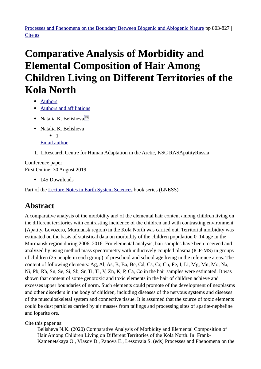 PDF) Comparative Analysis of Morbidity and Elemental Composition of Hair  Among Children Living on Different Territories of the Kola North
