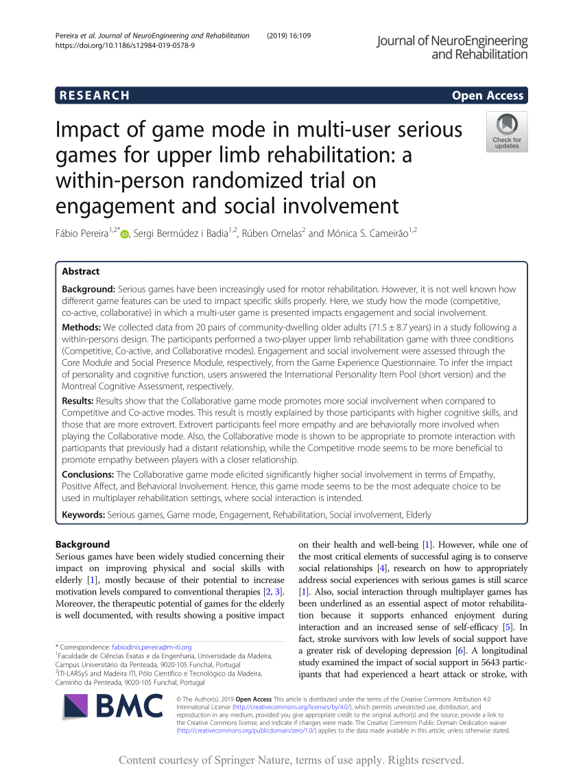Pdf Impact Of Game Mode In Multi User Serious Games For Upper Limb Rehabilitation A Within Person Randomized Trial On Engagement And Social Involvement
