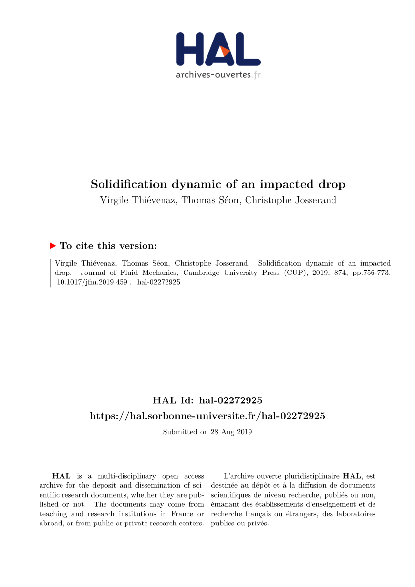 Pdf Solidification Dynamic Of An Impacted Drop