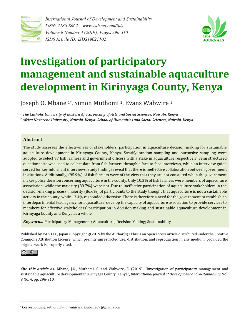 Fish farming enterprise as a catalyst to environmental conservation: case  of Mount Kenya Man and Biosphere Reserve