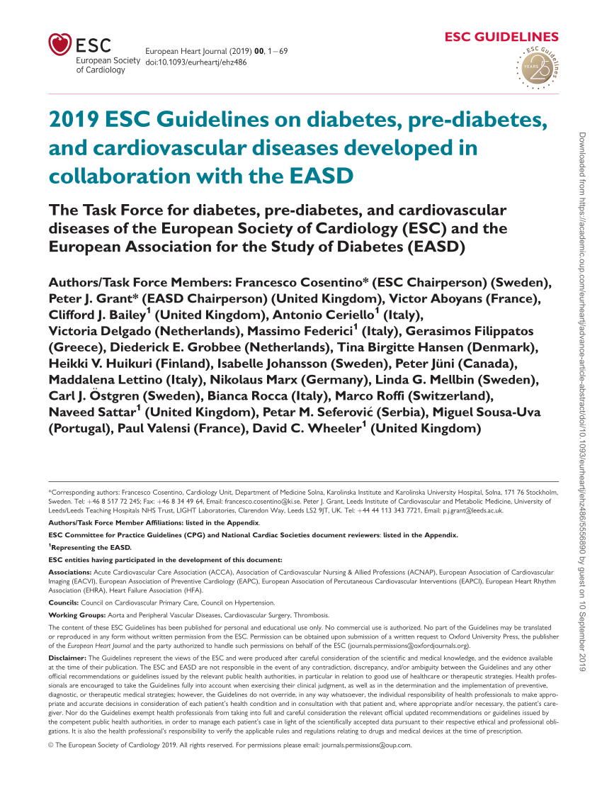 Pdf 19 Esc Guidelines On Diabetes Pre Diabetes And Cardiovascular Diseases Developed In Collaboration With The Easd