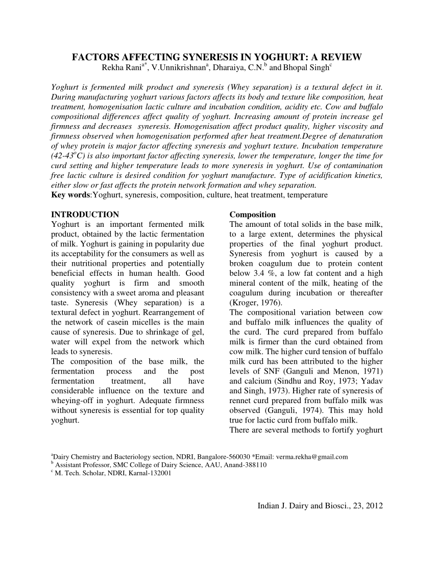 pdf factors affecting syneresis in yoghurt a review