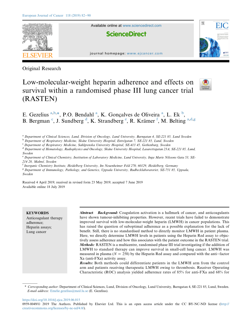 Pdf Low Molecular Weight Heparin Adherence And Effects On Survival Within A Randomised Phase Iii Lung Cancer Trial Rasten
