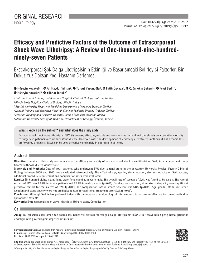 Pdf Efficacy And Predictive Factors Of The Outcome Of Extracorporeal Shock Wave Lithotripsy A Review Of One Thousand Nine Hundred Ninety Seven Patients