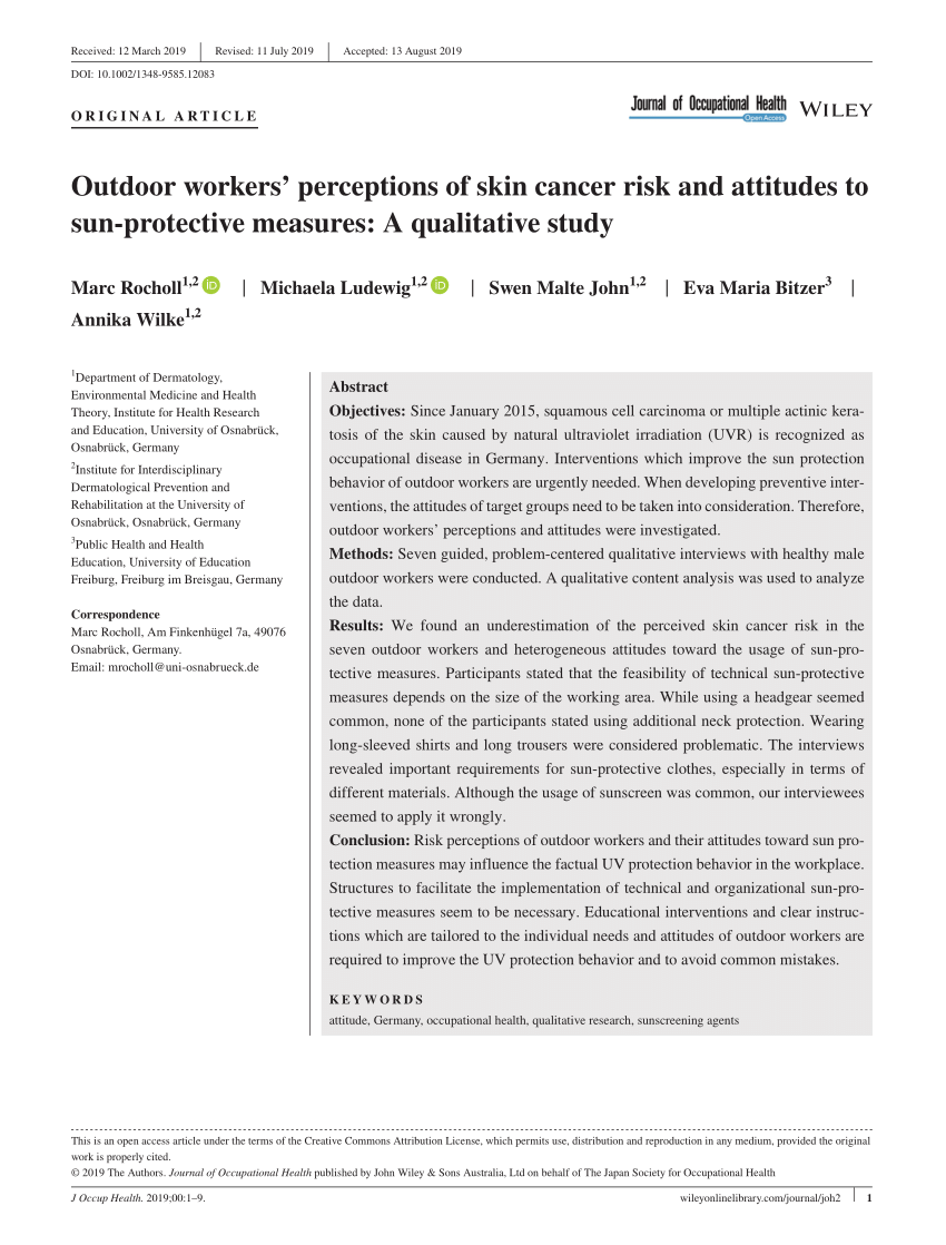 PDF) Outdoor workers' perceptions of skin cancer risk and