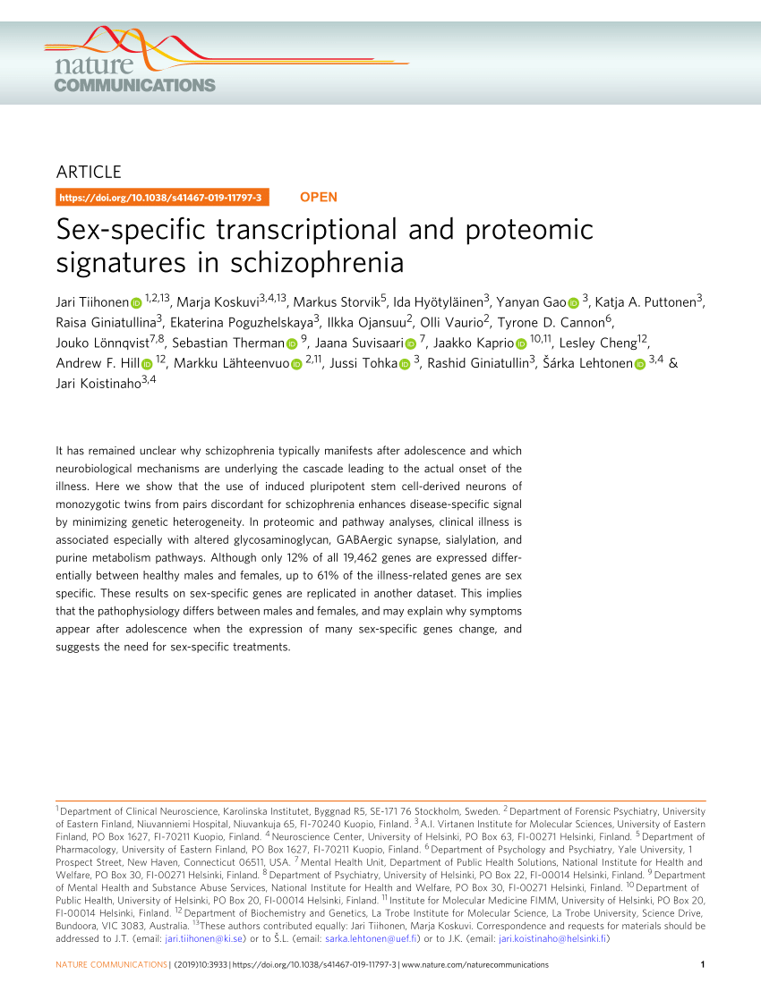 Pdf Sex Specific Transcriptional And Proteomic Signatures In Schizophrenia