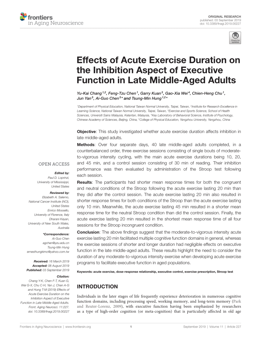 Pdf Effects Of Acute Exercise Duration On The Inhibition Aspect Of Executive Function In Late Middle Aged Adults