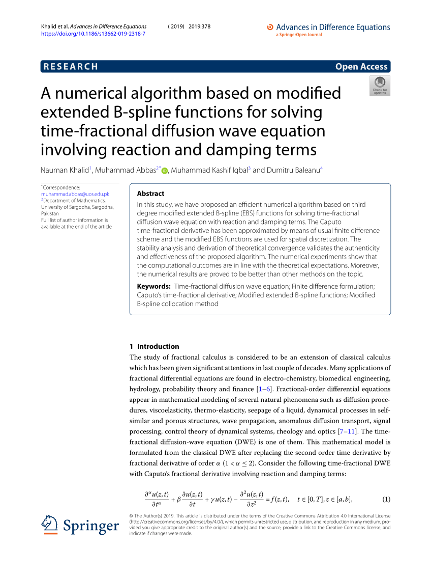 Pdf A Numerical Algorithm Based On Modified Extended B Spline Functions For Solving Time Fractional Diffusion Wave Equation Involving Reaction And Damping Terms