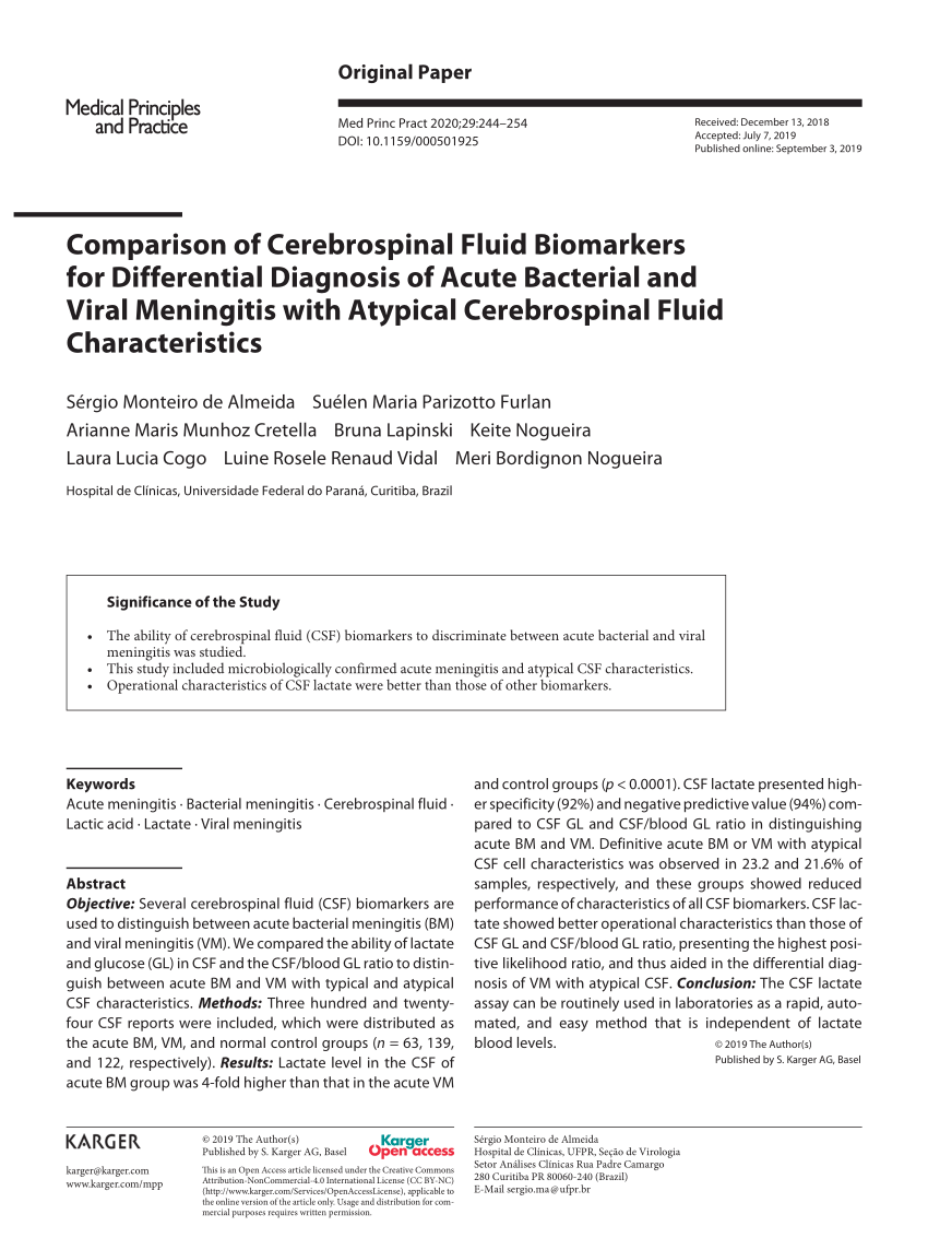 PDF) Cerebrospinal fluid lactate level as a diagnostic biomarker for  bacterial meningitis in children