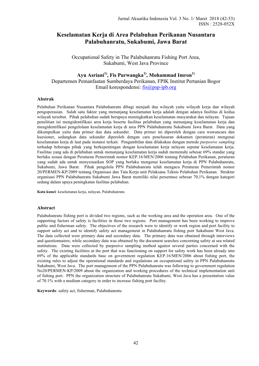 Pdf Keselamatan Kerja Di Area Pelabuhan Perikanan Nusantara Palabuhanratu Sukabumi Jawa Barat
