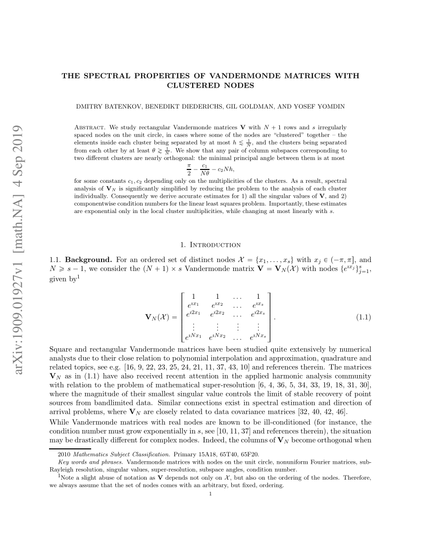 Pdf The Spectral Properties Of Vandermonde Matrices With Clustered Nodes