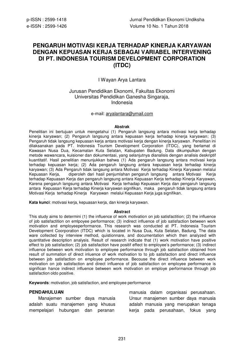 (PDF) PENGARUH MOTIVASI KERJA TERHADAP KINERJA KARYAWAN DENGAN KEPUASAN