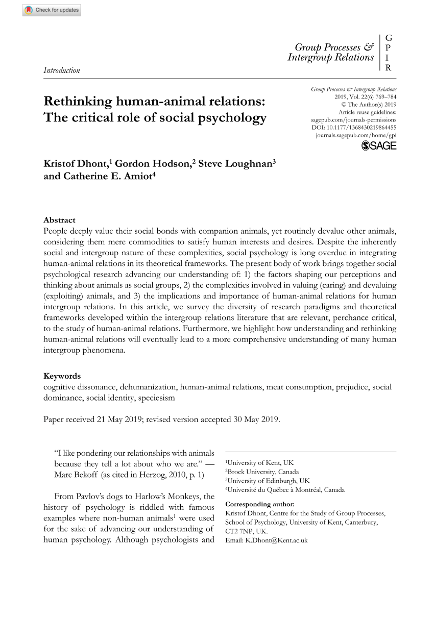 PDF) Rethinking human-animal relations: The critical role of social  psychology