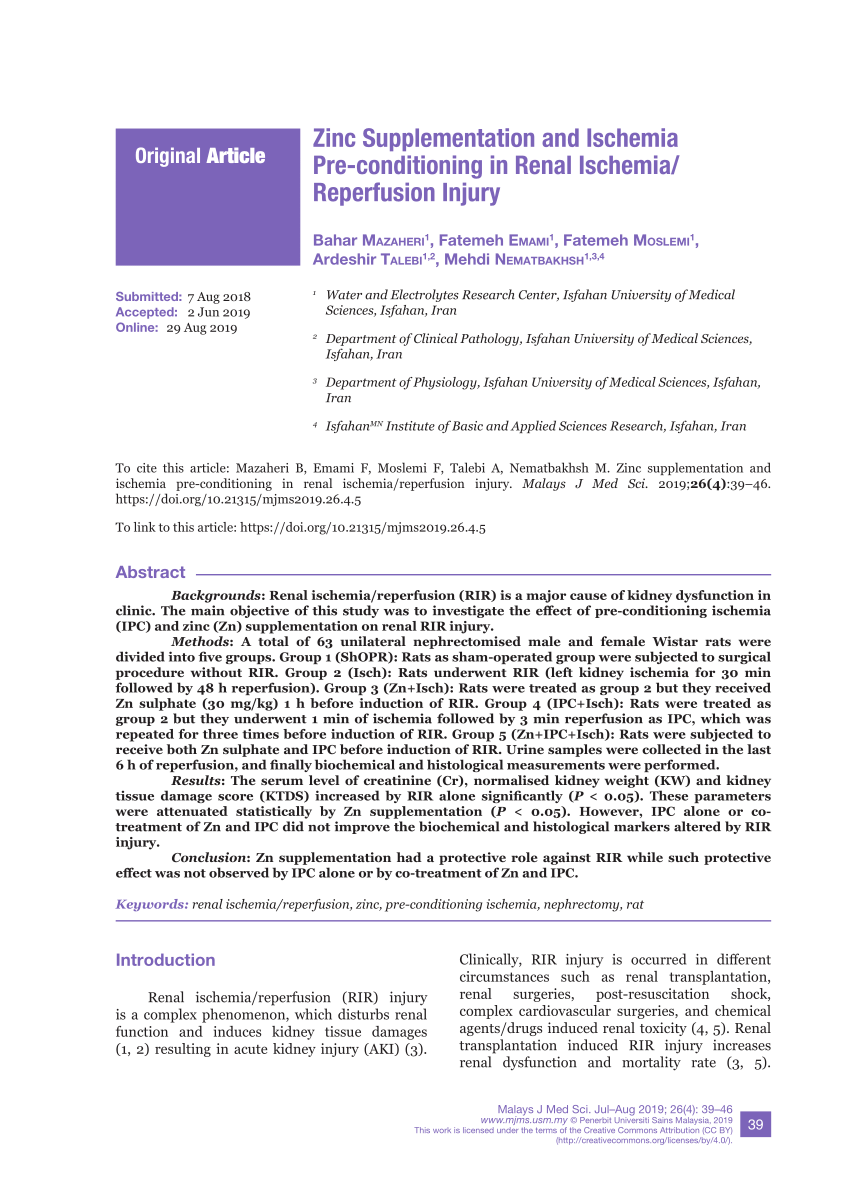 (PDF) Zinc Supplementation and Ischemia Preconditioning in Renal