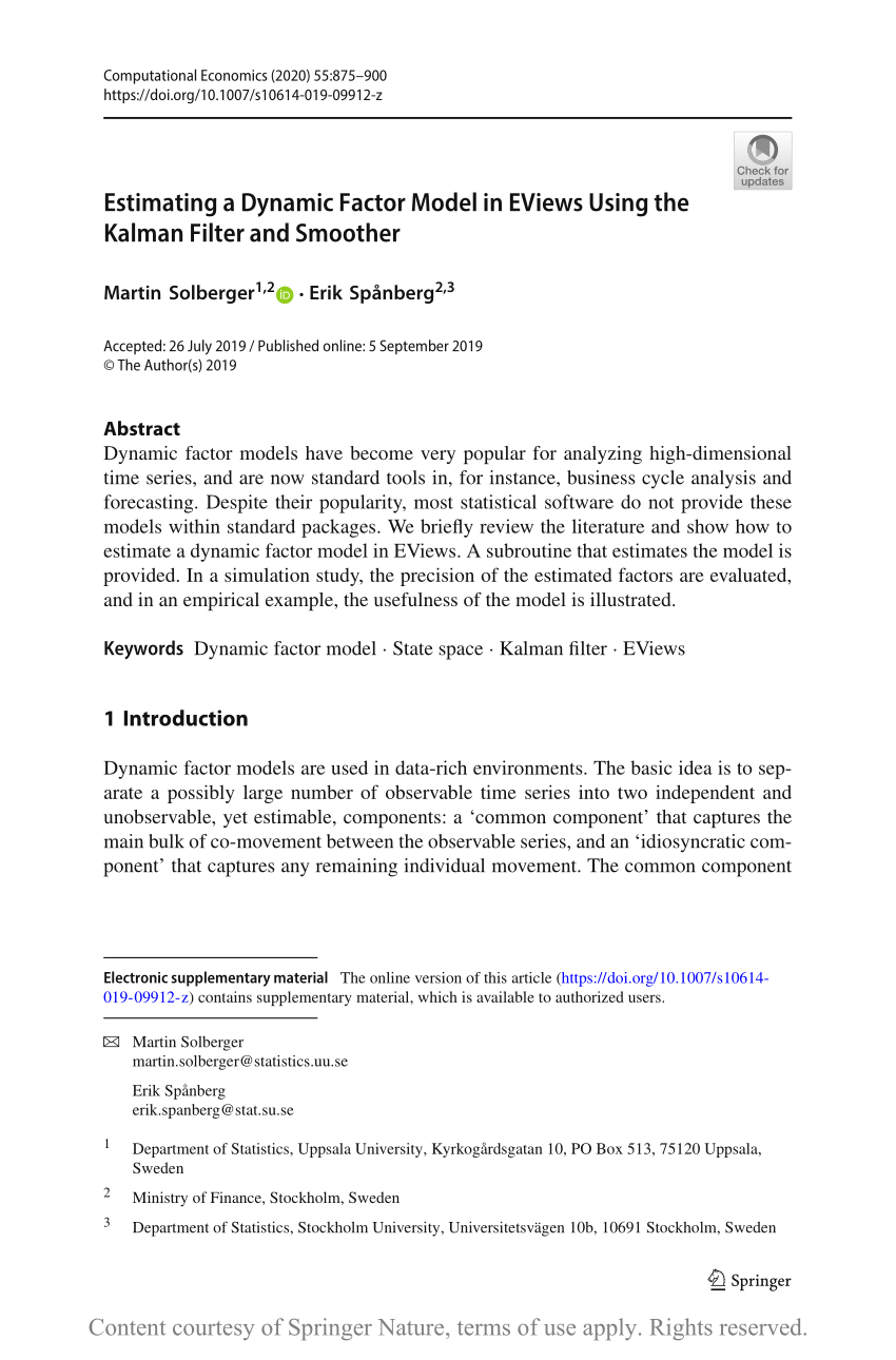 Pdf Estimating A Dynamic Factor Model In Eviews Using The Kalman Filter And Smoother