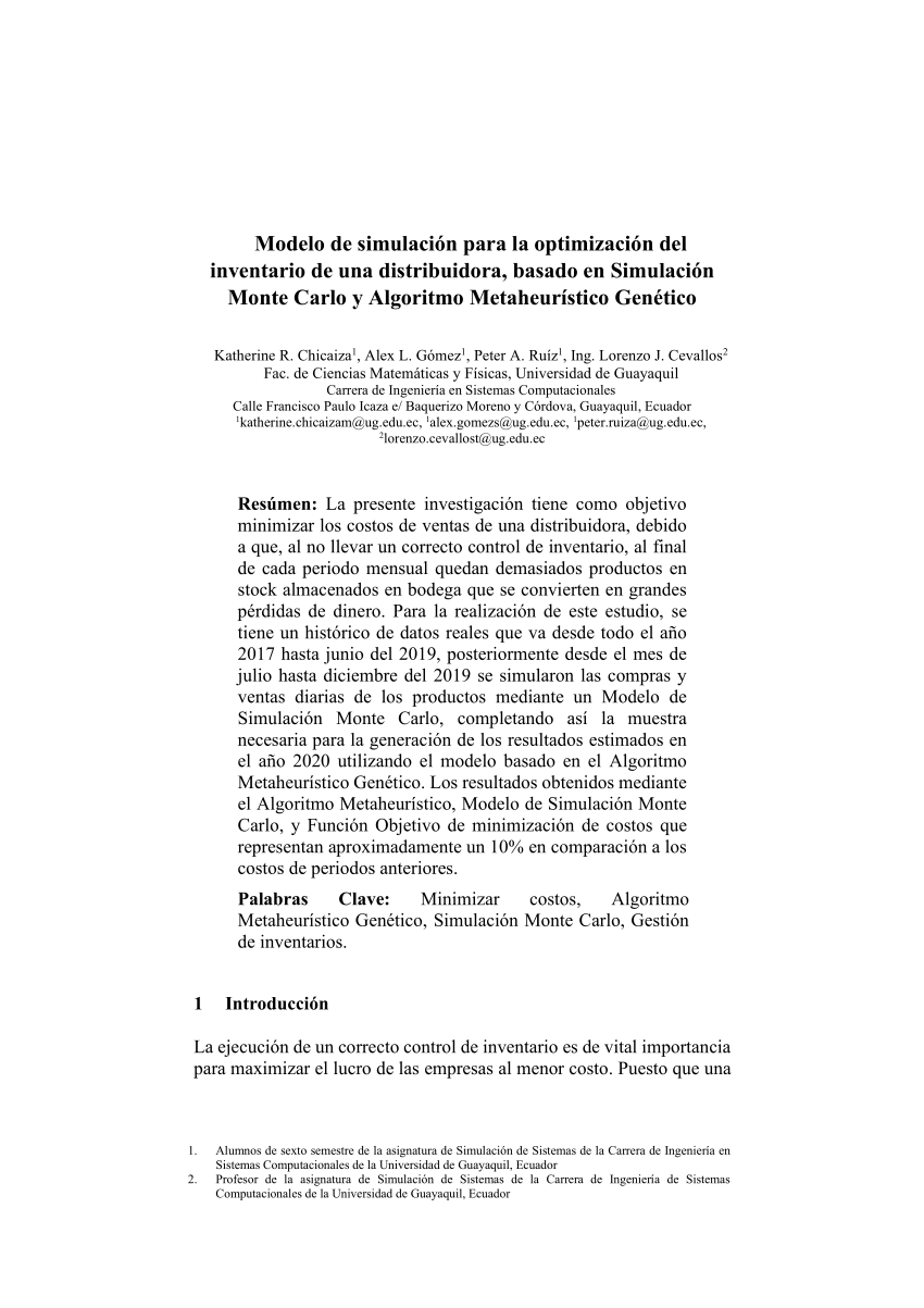 PDF) Modelo de Simulación para la optimización del inventario de una  distribuidora, basado en Simulación Monte Carlo y Algoritmo Metaheurístico  Genético