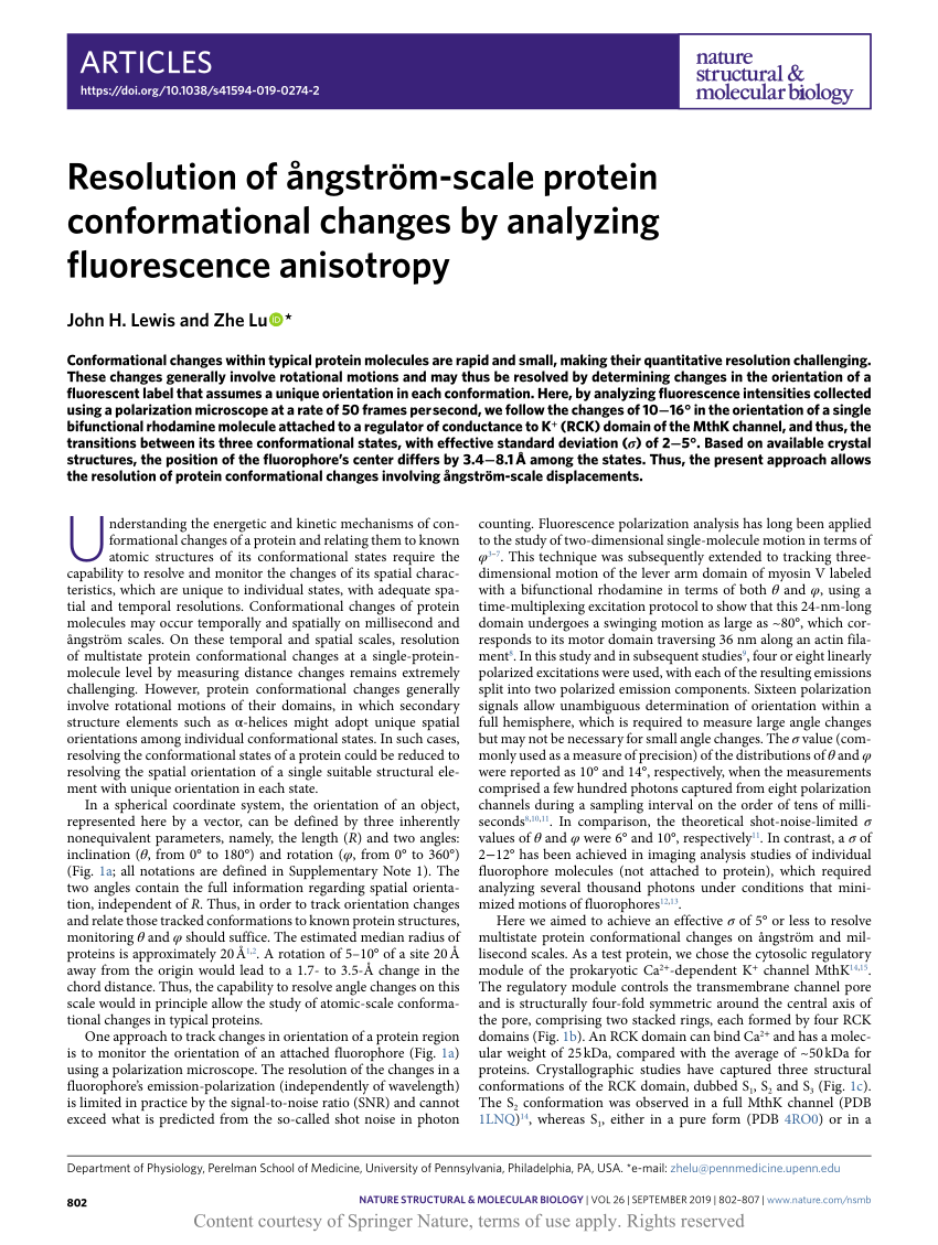 Resolution of ångström-scale protein conformational changes by analyzing  fluorescence anisotropy