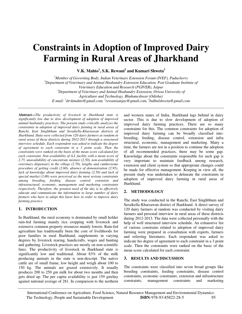 PDF) Constraints in Adoption of Improved Dairy Farming in Rural Areas of  Jharkhand