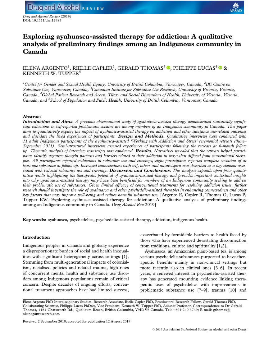 Pdf Exploring Ayahuasca Assisted Therapy For Addiction A Qualitative Analysis Of Preliminary Findings Among An Indigenous Community In Canada