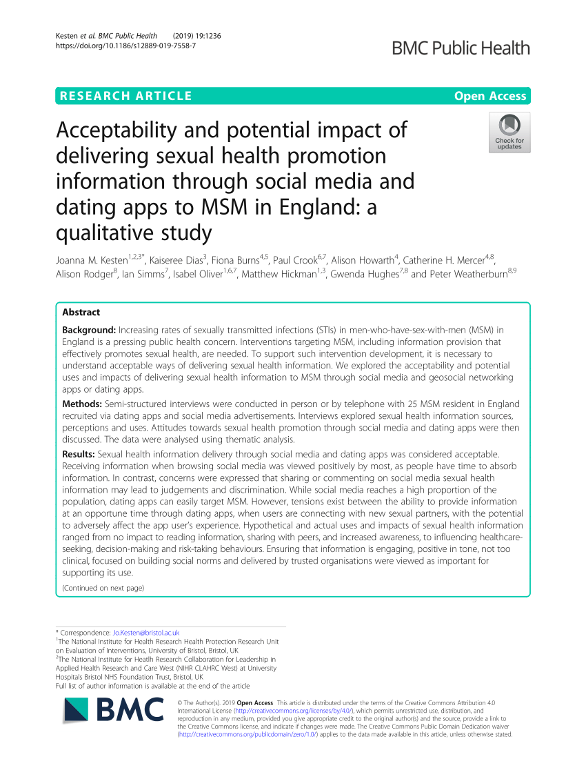 (PDF) Acceptability and potential impact of delivering sexual health  promotion information through social media and dating apps to MSM in  England: a qualitative study