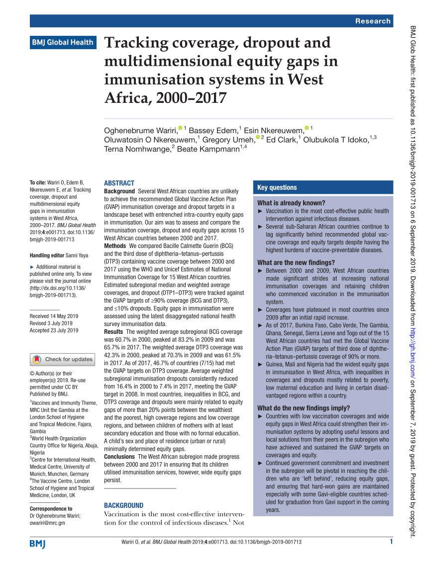 PDF) Tracking coverage, dropout and multidimensional equity gaps in  immunisation systems in West Africa, 2000–2017