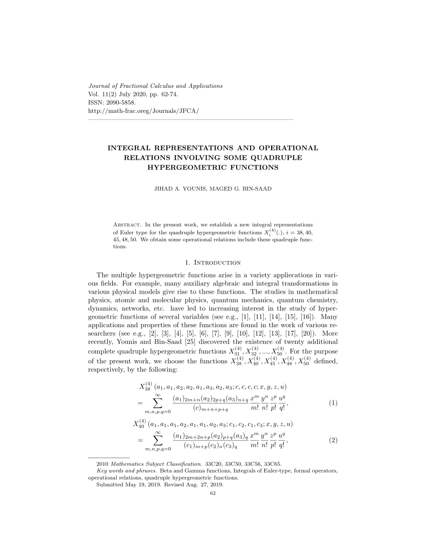 Pdf Integral Representations And Operational Relations Involving Some Quadruple Hypergeometric Functions