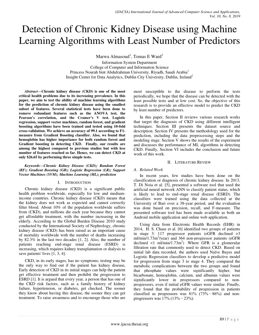 PDF) Detection of Chronic Kidney Disease using Machine Learning Algorithms  with Least Number of Predictors