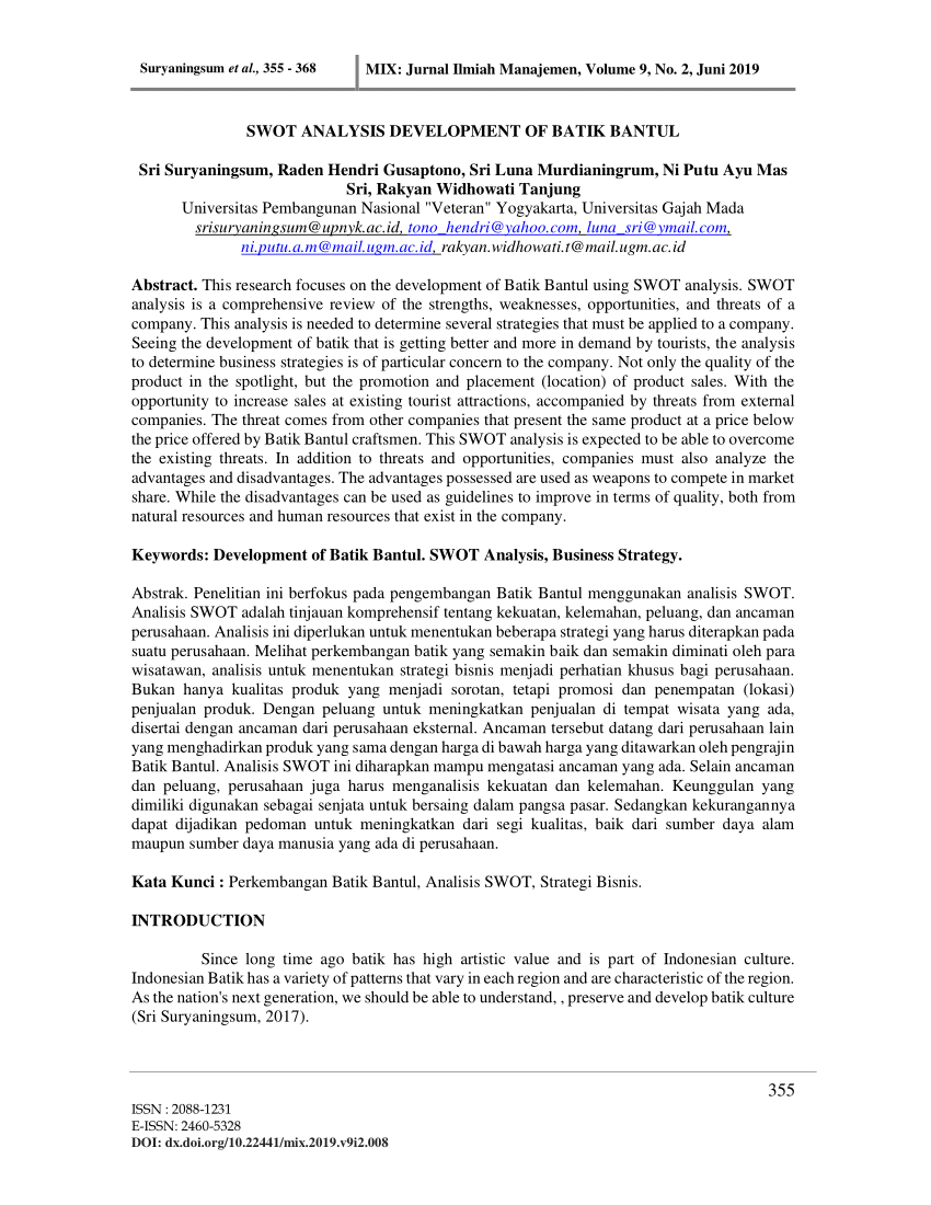 Pdf Swot Analysis Development Of Batik Bantul