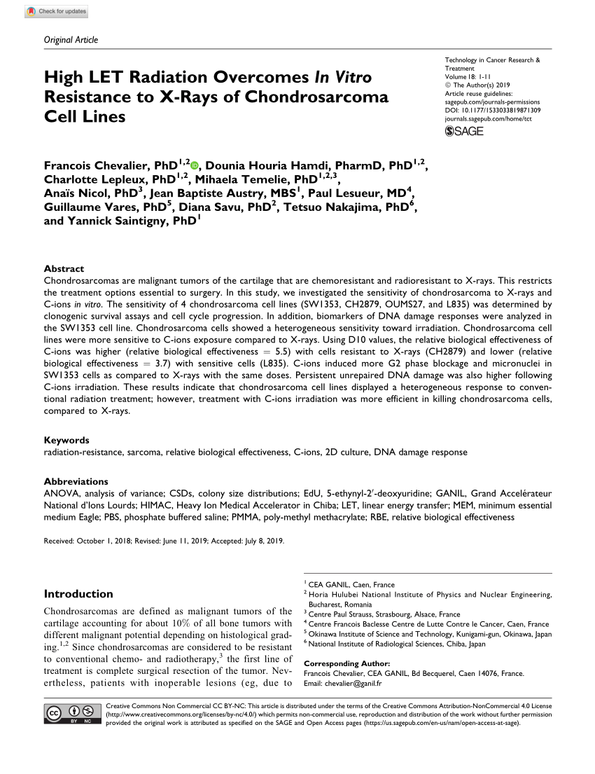 Pdf High Let Radiation Overcomes In Vitro Resistance To X Rays Of Chondrosarcoma Cell Lines