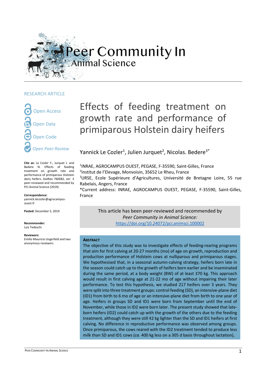 Pdf Effects Of Feeding Treatment On Growth Rates And Consequences On Performance Of Primiparous Holstein Dairy Heifers