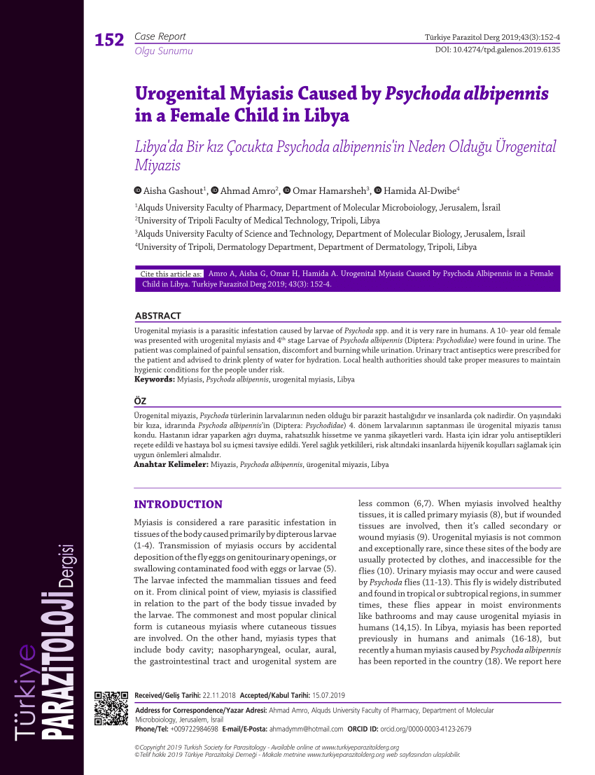 Pdf Urogenital Myiasis Caused By Psychoda Albipennis In A Female Child In Libya